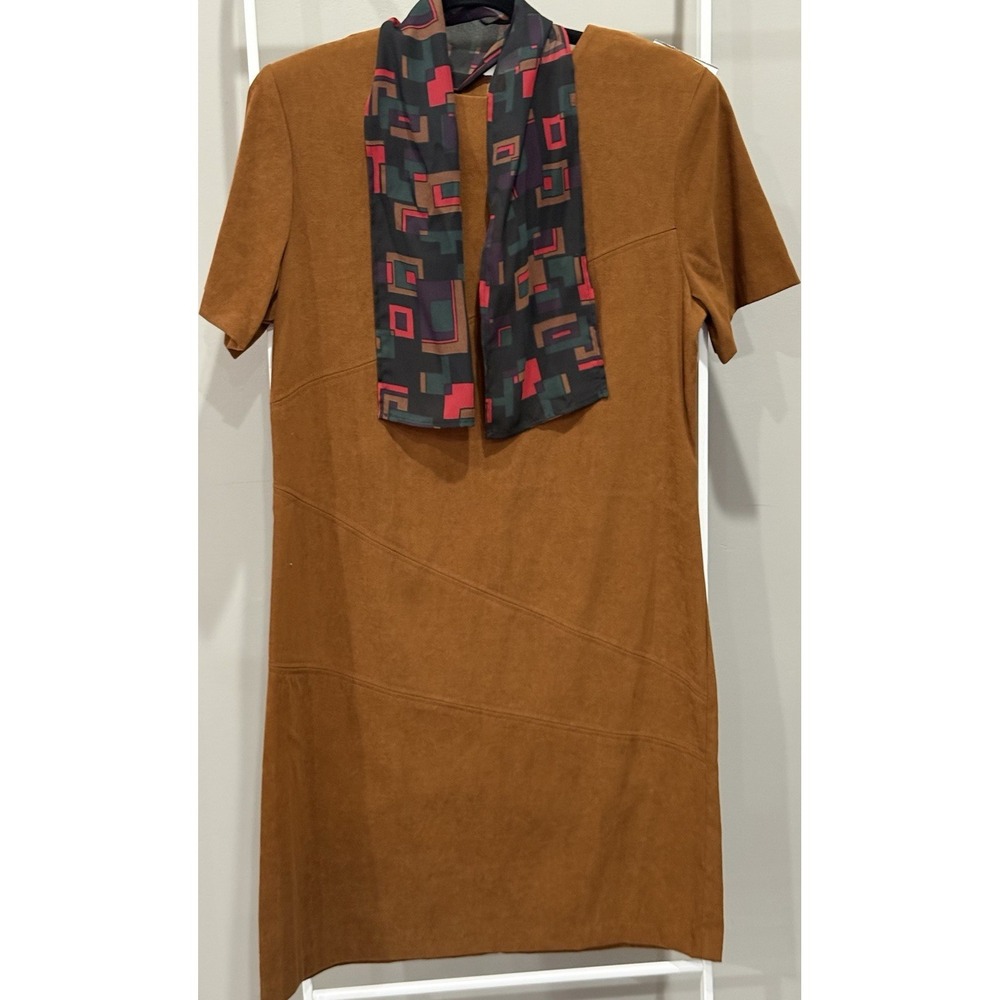 Vintage Suede-like Brown Short Sleeve Dress 60's Mod 70's Retro Dark Academia